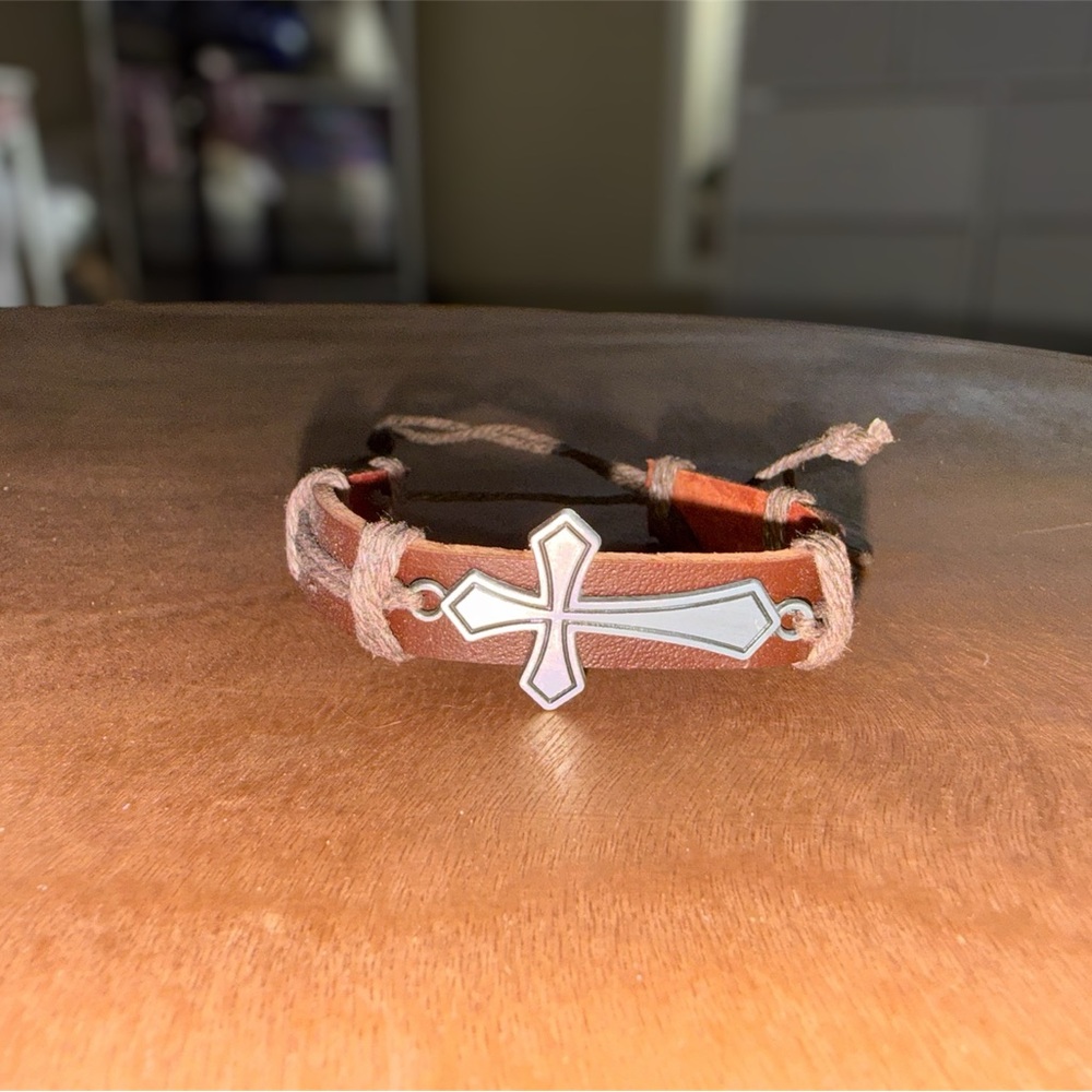 Brown Leather Cross Bracelet